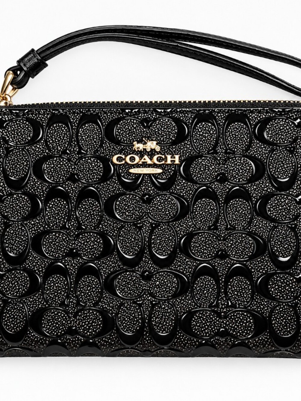 Coach Black Patent Embossed Signature Wristlet with Gold Logo